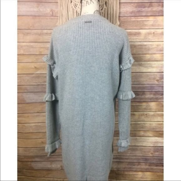 Michael Kors | Grey Lambs Wool Knit Long Ruffle Sleeve Sweater Midi Dress - Picture 4 of 8